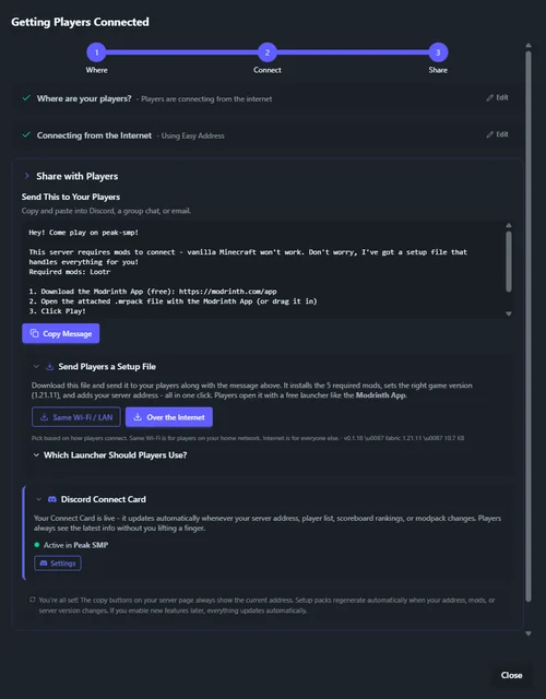 SpawnBox connection wizard and Discord auto-refreshing connect card - view 1