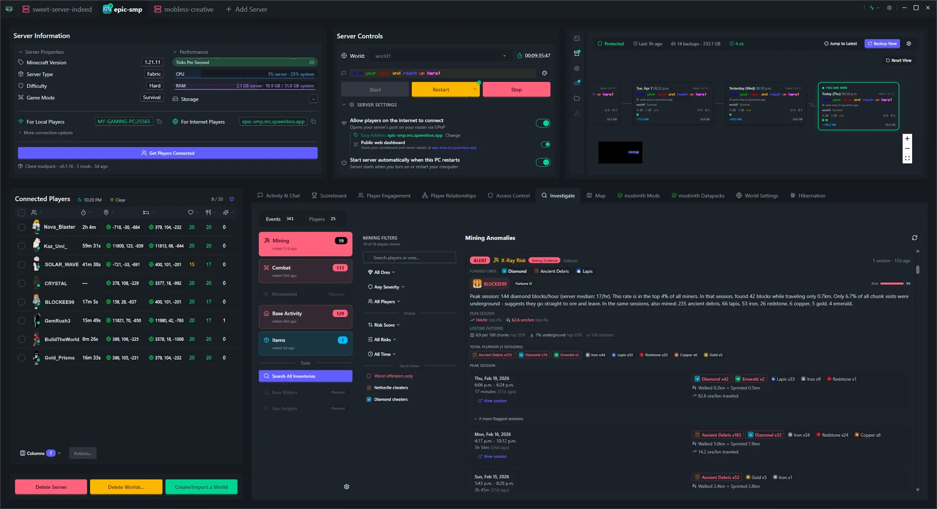 SpawnBox navigating through its interface - world map, scoreboards, player profiles, investigation tools, and more - view 14