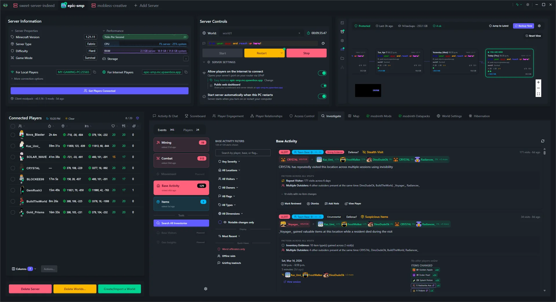 SpawnBox navigating through its interface - world map, scoreboards, player profiles, investigation tools, and more - view 15