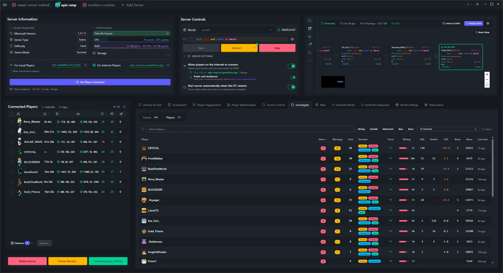 SpawnBox navigating through its interface - world map, scoreboards, player profiles, investigation tools, and more - view 16