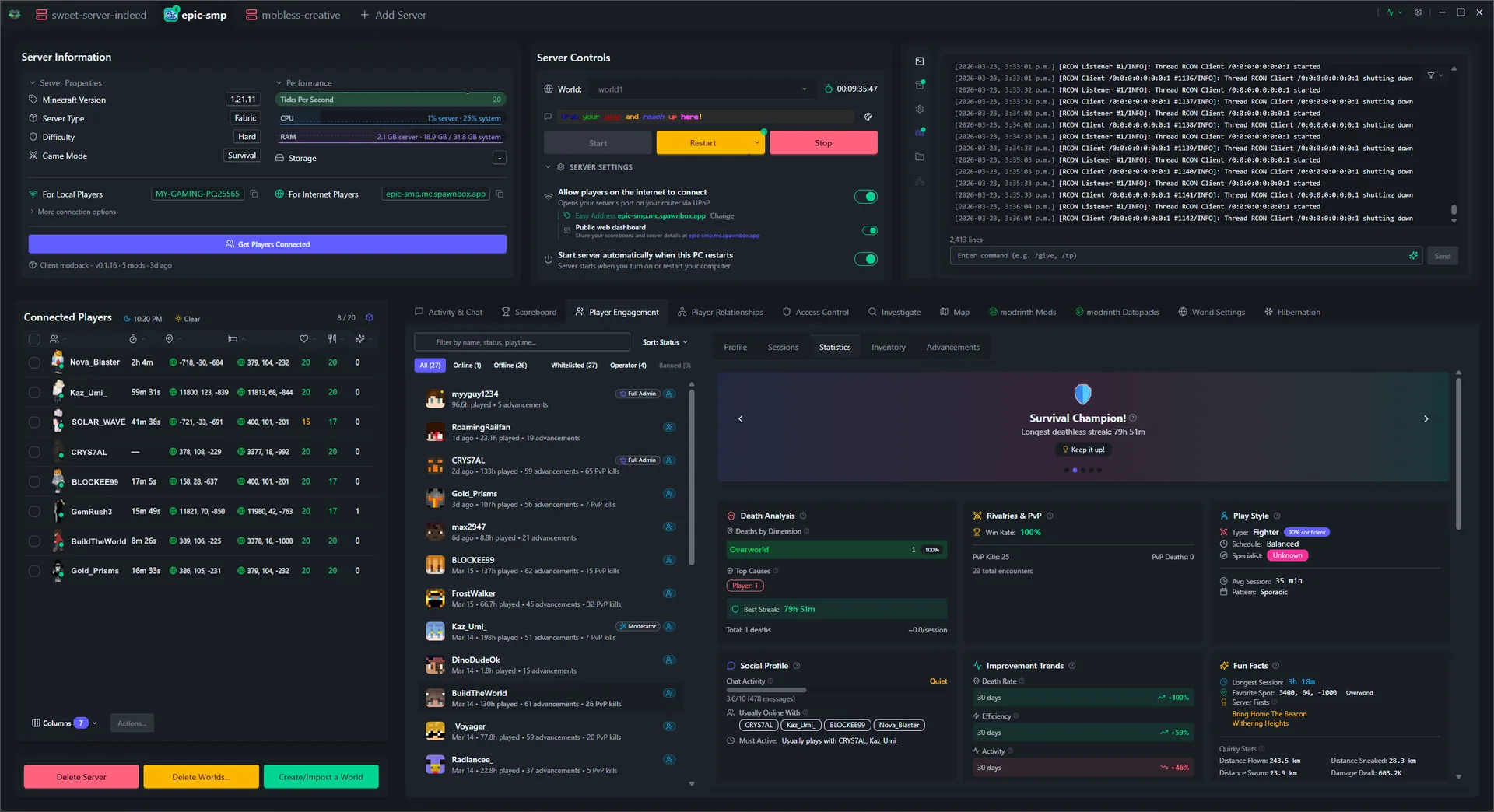 SpawnBox navigating through its interface - world map, scoreboards, player profiles, investigation tools, and more - view 7